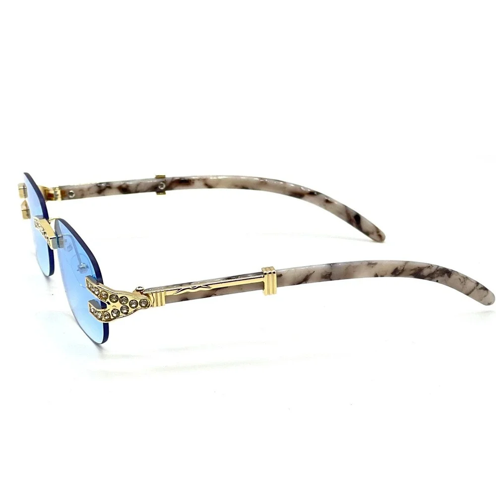 Rhinestone Rimless Sunglasses Blue Lens Marble Gold Accents Street‎ Wear Lentes